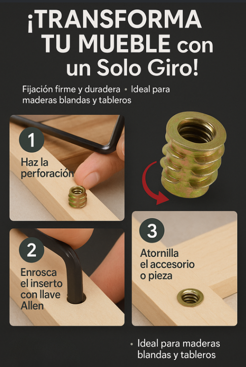 Insertos Tuerca Encastre M8x20 Para Madera