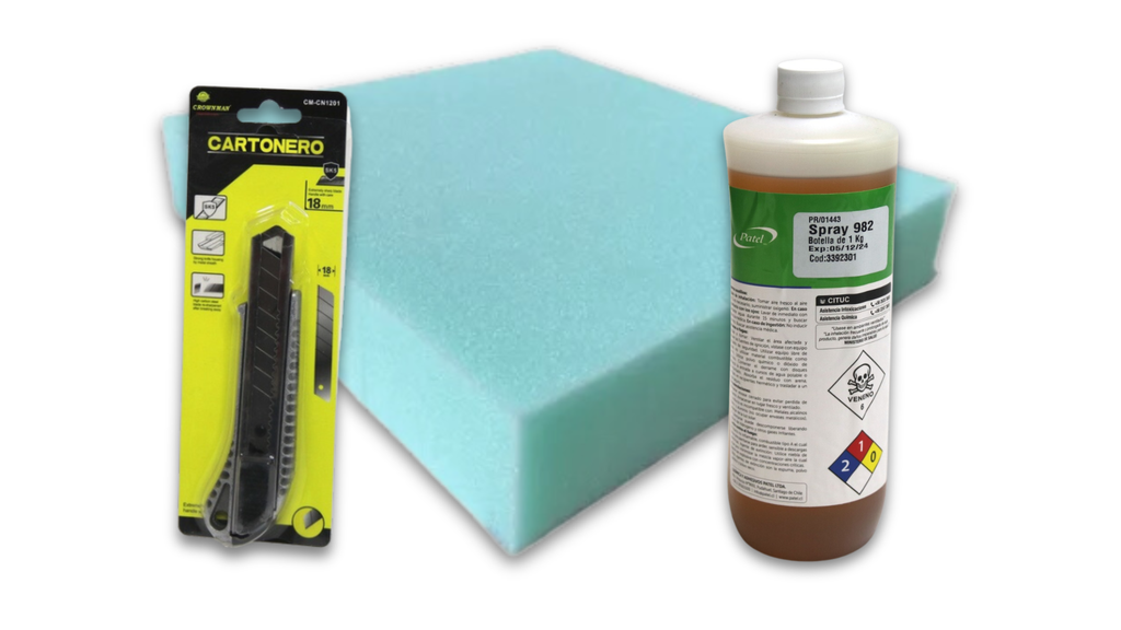 Pack Espuma Densidad 21 5cm + Pegamento Espuma Spray 982 + Cortante de Regalo